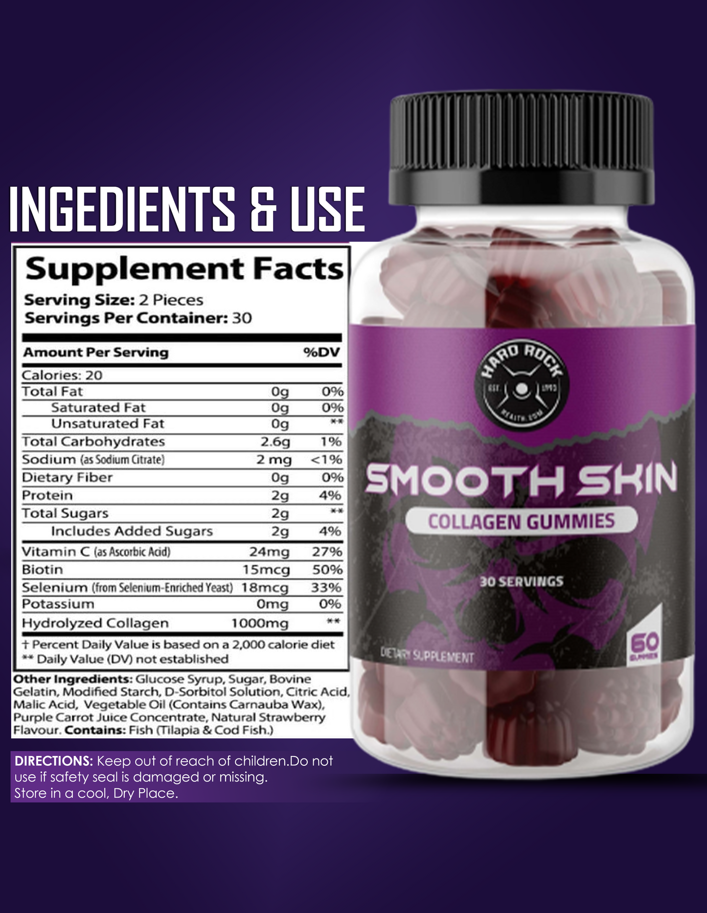 Hard Rock Health Smooth Skin Collagen Gummies with Vitamin C - 60 Gummies